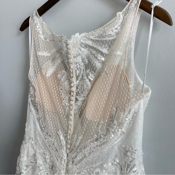 Martha Blanc | Women’s Wedding Dress Sleeveless Button Back Sheer Sequins Train - Picture 13 of 15